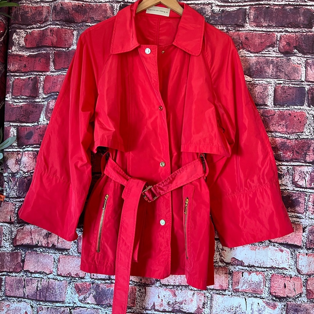 Purificacion Garcia Red Belted Short Trench Coat Gold Zip Rain Jacket XS